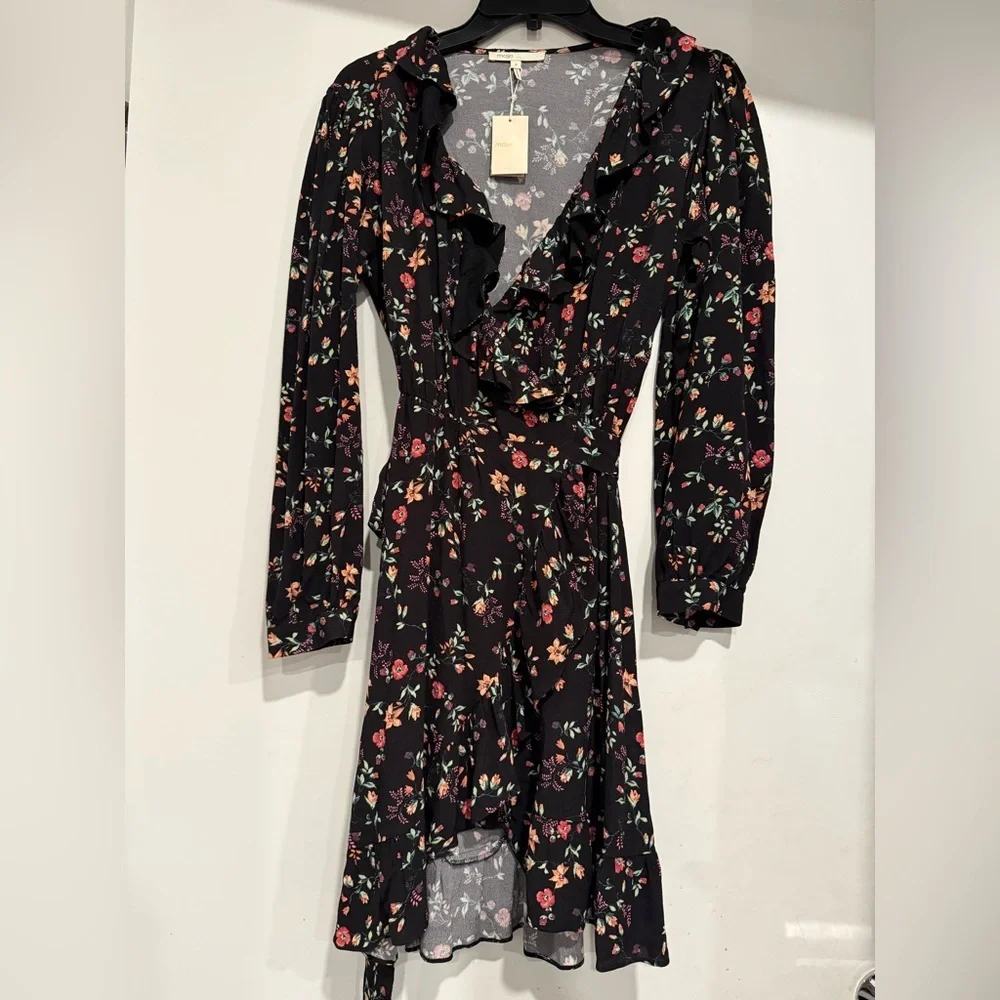 Maje Rosalio Robe Imprime Cach Wrap Dress in Black Multi - Size 3 US L $375